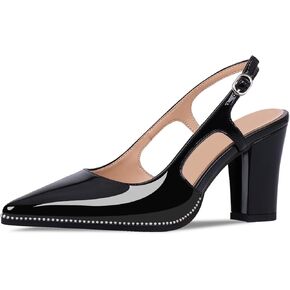 Women's Pointed Toe Block Heel Slingback Pumps Beaded Patent Leather Buckle Strap Slip On Work Party Dress Shoes