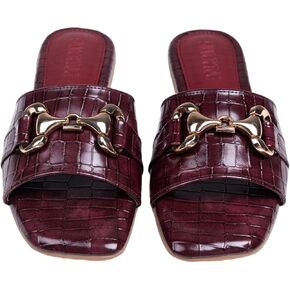 Women's Flat Slide Sandals - Square Open Toe Slides With Metal Chain Fashionable Slides With Soft Leather | Bow Knot Slippers for Summer | Comfort Walking With Classic Shoes