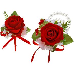 Corsage and Boutonniere Set, Burnt Orange Handmade Artificial Rose Peony Wrist Corsage and Boutonniere for Men Wedding, Bridesmaid Hand Flower for Wedding Prom Suit Decorations