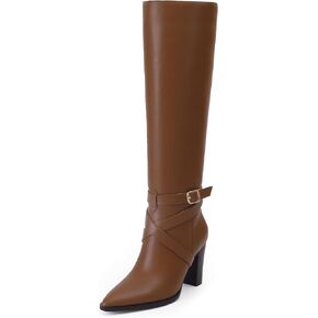 iiimmu Knee High Boots 3.5 IN Chunky Heel Comfortable Fall Boots for Women Strap Design Almond Toe Faux Leather Tall Boots