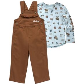 Carhartt Kid's CG9858 Long-Sleeve Woodland Print T-Shirt and Canvas Overall Set - 2 Toddler - Carhartt Brown