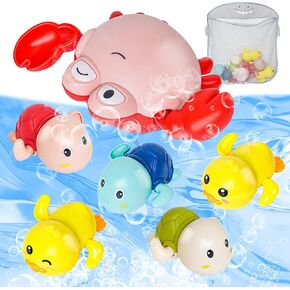 Baby Bath Toys 7 Packs Cute Swimming Toys for 3+ Months Baby, Include Cute Turtles,Yellow Ducks, Crab and Shark Mesh Toy Organizer, Suit Pool Games | Bath | Beach for Toddlers for Kids Boys Girls