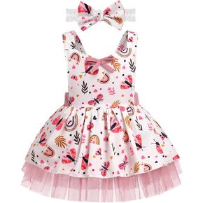 IDOPIP Baby Girl Strawberry Rainbow Tutu Dress Summer Sleeveless Strap Backless Princess Birthday Party Dresses with Headwear