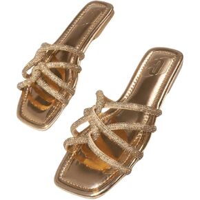 OYOANGLE Women's Glitter Rhinestone Strappy Slides Metallic Square Toe Flat Sandals