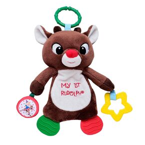 Plush 12 inch Activity Toy with Teethers, Crinkle and Travel Hook, My First Rudolph Embroidery, Brown Reindeer, Christmas