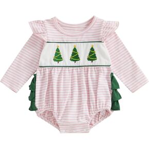 Honganda Baby Girl Christmas Outfit Long Sleeve Xmas Tree Embroidery Striped Romper Ruffle Onesie Fall One Piece Clothes