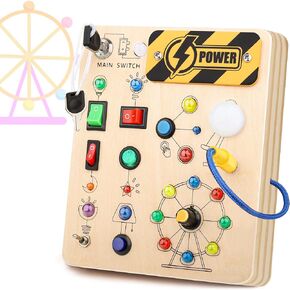 Hikoshi Montessori Busy Board for Toddlers 1-3 - Sensory LED Light Switch Busy Board Toy, Wooden Montessori Travel Toys for Toddler 1 2 3 4 Years Old Boys Girls