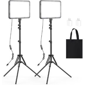 2 Pack LED Video Light Kit with 63'' Tripod Stand, Kmasic 2500-8500K Dimmable Photography Lights,15W Studio Lighting for Video Recording/Collection Portrait/Game Streaming/YouTube Podcast, USB Charger