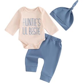 Aunties Bestie Baby Clothes Gender Neutral Unisex Funny Letter Bodysuit Romper Solid Leggings Pants Hat 3Pcs Outfits