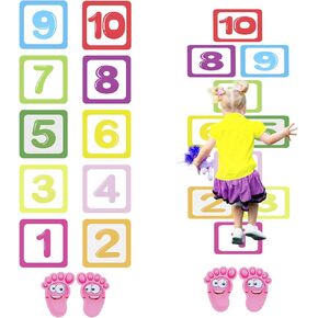 10Pcs Hopscotch Game Floor Stickers, Number Floor Decals with 1 Pair Footprint Stickers Puzzle Games Wall Sensory Path Decals for Classroom Bedroom Living Room Ground Corridor Nursery Decor