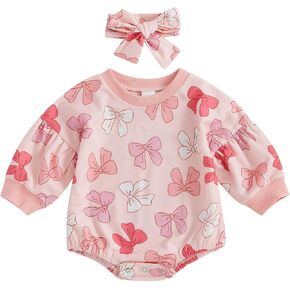 FYBITBO Newborn Baby Girl Romper Outfits Bow Print Bubble Romper Long Sleeve Sweatshirt Onesie Cute Fall Winter Clothes Set