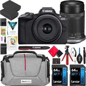 Canon EOS R50 Mirrorless Camera (Black) with RF-S 18-45mm F4.5-6.3 is STM Lens 5811C012 Bundle with Deco Gear Photography Bag + 2 x Battery + 2 x 64GB Memory Cards + Accessories Kit