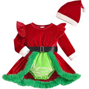 Newborn Baby Girl Christmas Romper Dress Long Sleeve Santa Claus Red Velvet Skirt Xmas Outfit Infant Winter Clothes