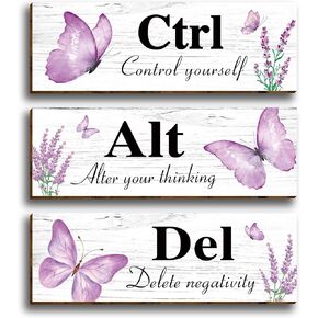 3 Pcs Purple Butterfly Modern Floral Office Wooden Wall Decor, Inspirational Saying Attitude Ability Motivation Quotes Wood Sign Hanging Motivational Wall Plaques for Women Girl Teen Living Room