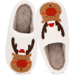 Christmas Slippers for Women, Warm Reindeer Slippers Retro Soft Plush, Cozy Fuzzy House Shoes for Bedroom Holiday
