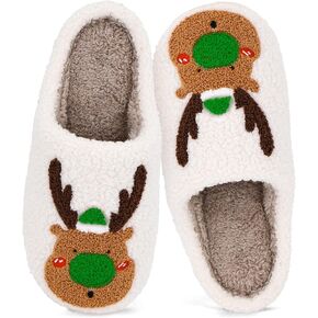 Christmas Slippers for Women, Warm Reindeer Slippers Retro Soft Plush, Cozy Fuzzy House Shoes for Bedroom Holiday