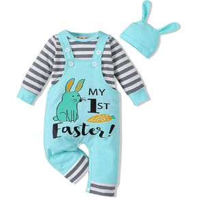 Baby Boys Easter Outfit Infant Baby Boy Easter Clothes Bodysuit+ Suspender Pant+ Hat