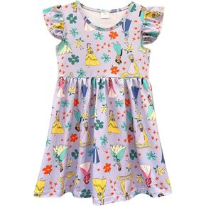 Baby Girls Flutter Sleeve Princess Cartoon Printed Dress Toddlers Spring Summer Mermaid Printed Dress 1-8Y