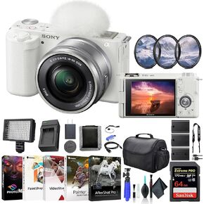 Sony ZV-E10 Mirrorless Camera with 16-50mm Lens White ILCZV-E10L/W, 64GB Memory Card, Filter Kit, LED Light, External Charger, 2 x NPF-W50 Battery, Card Reader, and More