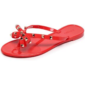 Studded Jelly Shoes for Womens Bow Flip Flops Jellies Sandals Flat Black Summer Beach Thong with Rivets Strappy Slides Slip On in Saudi Arabia