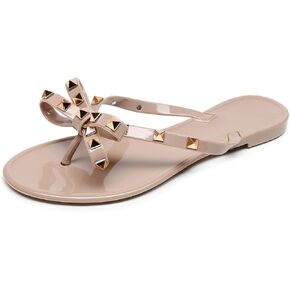 Studded Jelly Shoes for Womens Bow Flip Flops Jellies Sandals Flat Black Summer Beach Thong with Rivets Strappy Slides Slip On