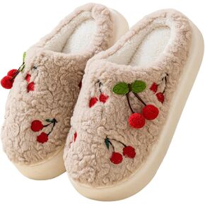 Cherry Slippers for Women, Winter Fluffy House Slippers, Fuzzy Home Bedroom Cotton Slippers, Soft and Cute Plush House Slippers with Memory Foam, Kawaii, Cozy