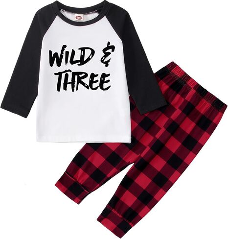BOUTIKOME Wild Three Birthday Outfits Toddler Baby Boy Girl Plaid Pants Set Long Sleeve Shirts Tee Fall Top Winter Clothes in Saudi Arabia