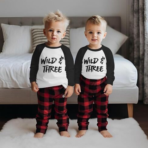 BOUTIKOME Wild Three Birthday Outfits Toddler Baby Boy Girl Plaid Pants Set Long Sleeve Shirts Tee Fall Top Winter Clothes in Saudi Arabia