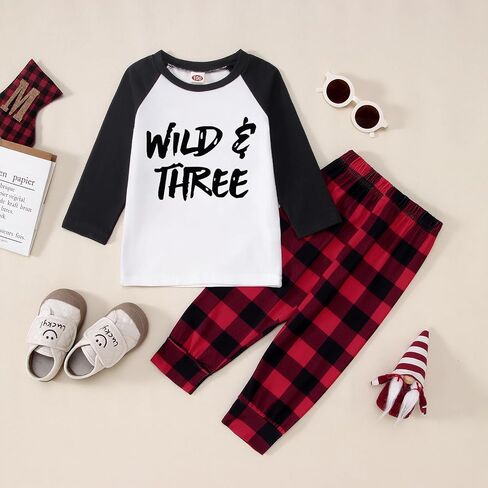 BOUTIKOME Wild Three Birthday Outfits Toddler Baby Boy Girl Plaid Pants Set Long Sleeve Shirts Tee Fall Top Winter Clothes in Saudi Arabia