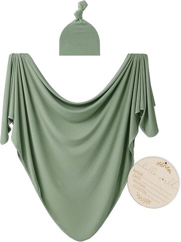 Large Jersey Knitted Swaddle Blanket for Baby, Soft Stretchy Receiving Blanket for Newborns with Hat, Baby Nursery Swaddle 47 x 47 inches(Sage) in Saudi Arabia
