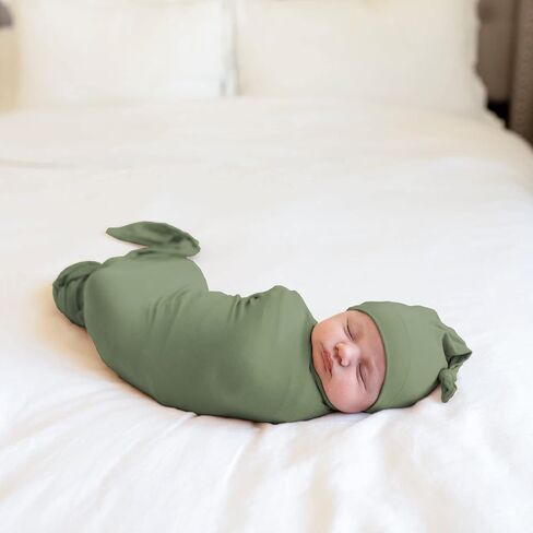 Large Jersey Knitted Swaddle Blanket for Baby, Soft Stretchy Receiving Blanket for Newborns with Hat, Baby Nursery Swaddle 47 x 47 inches(Sage) in Saudi Arabia