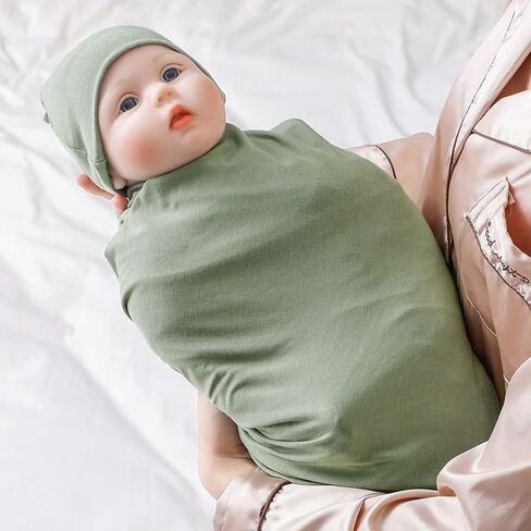 Large Jersey Knitted Swaddle Blanket for Baby, Soft Stretchy Receiving Blanket for Newborns with Hat, Baby Nursery Swaddle 47 x 47 inches(Sage) in Saudi Arabia