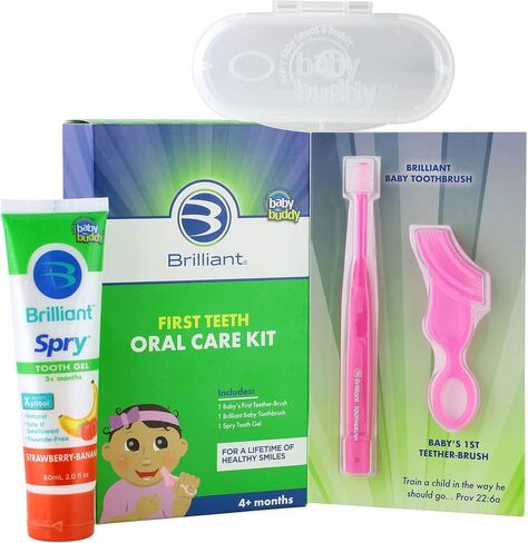 First Teeth Oral Care Kit by Brilliant Oral Care- Set has Baby's 1st Teether-Brush, Brilliant Baby Toothbrush and 2oz Spry Xylitol Tooth Gel, Infants Age 4 Months Old and Up, Baby Must Haves, Blue in Saudi Arabia