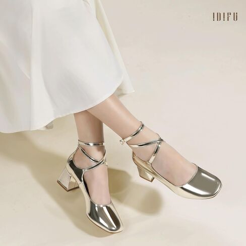 IDIFU IN2 Mary Jane Shoes Strappy Low مكتنزة كتلة مغلقة اصبع القدم الكعب اللباس أحذية للنساء الزفاف العمل مكتب الأعمال حفلة موسيقية أحذية مريحة أنيقة رسمية خمر قصيرة مربع اصبع القدم مضخات in Kuwait