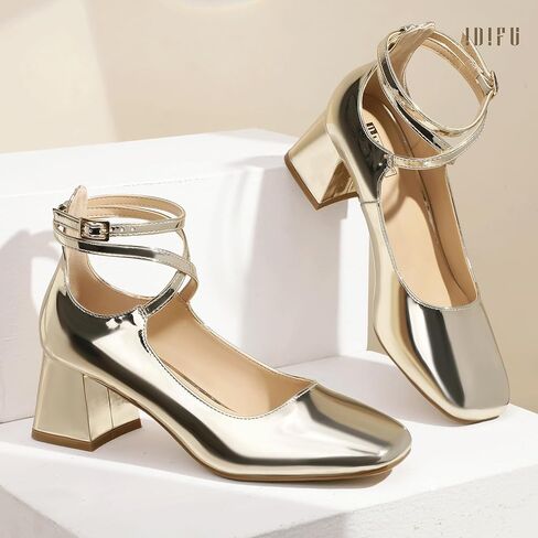 IDIFU IN2 Mary Jane Shoes Strappy Low مكتنزة كتلة مغلقة اصبع القدم الكعب اللباس أحذية للنساء الزفاف العمل مكتب الأعمال حفلة موسيقية أحذية مريحة أنيقة رسمية خمر قصيرة مربع اصبع القدم مضخات in Kuwait