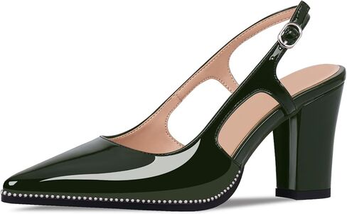 Women's Pointed Toe Block Heel Slingback Pumps Beaded Patent Leather Buckle Strap Slip On Work Party Dress Shoes in Saudi Arabia
