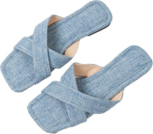 GORGLITTER Women's Criss Cross Double Band Denim Slide Sandals Square Open Toe Solid Flats in Saudi Arabia