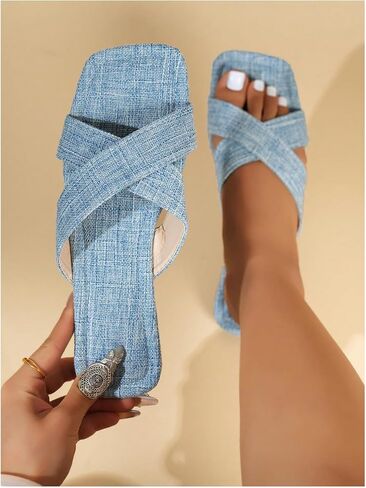 GORGLITTER Women's Criss Cross Double Band Denim Slide Sandals Square Open Toe Solid Flats in Saudi Arabia