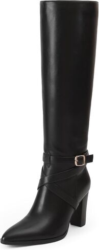 iiimmu Knee High Boots 3.5 IN Chunky Heel Comfortable Fall Boots for Women Strap Design Almond Toe Faux Leather Tall Boots in Saudi Arabia