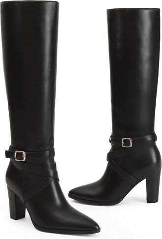 iiimmu Knee High Boots 3.5 IN Chunky Heel Comfortable Fall Boots for Women Strap Design Almond Toe Faux Leather Tall Boots in Saudi Arabia