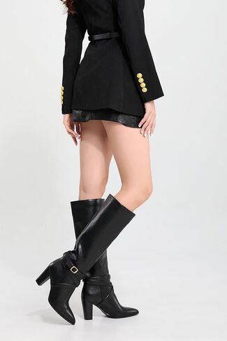 iiimmu Knee High Boots 3.5 IN Chunky Heel Comfortable Fall Boots for Women Strap Design Almond Toe Faux Leather Tall Boots in Saudi Arabia