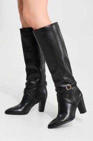 iiimmu Knee High Boots 3.5 IN Chunky Heel Comfortable Fall Boots for Women Strap Design Almond Toe Faux Leather Tall Boots in Saudi Arabia
