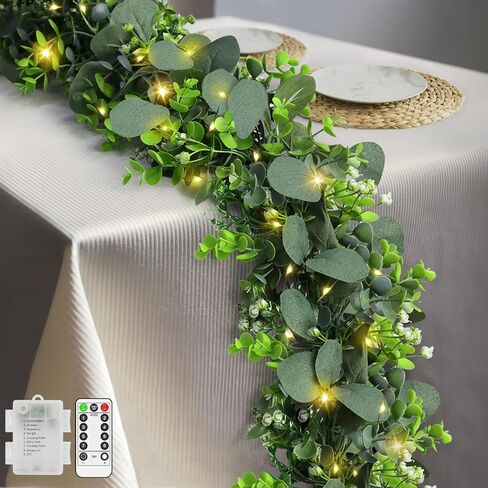 2 Pack Artificial Eucalyptus Garland 6 FT Vines with Fairy Lights Faux Greenery Hanging Fake Green Plant Lighted Christmas Garland for Mantle Bedroom Fireplace Table Wall Wedding Birthday Decoration in Saudi Arabia