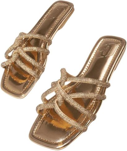 OYOANGLE Women's Glitter Rhinestone Strappy Slides Metallic Square Toe Flat Sandals in Saudi Arabia