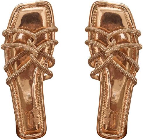 OYOANGLE Women's Glitter Rhinestone Strappy Slides Metallic Square Toe Flat Sandals in Saudi Arabia