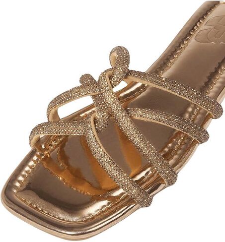 OYOANGLE Women's Glitter Rhinestone Strappy Slides Metallic Square Toe Flat Sandals in Saudi Arabia