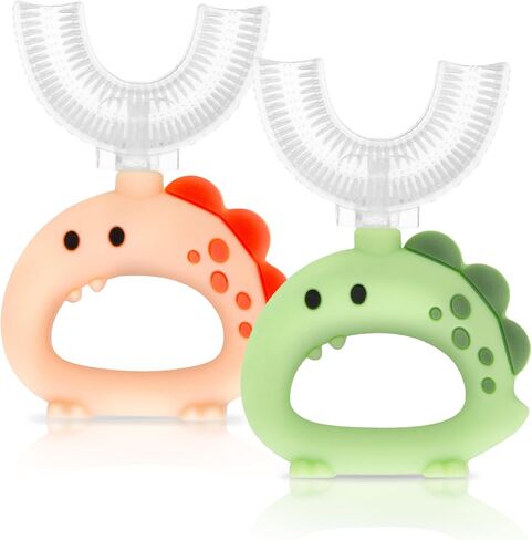 SoulBrite Teeth Ease U-Shaped Silicone Training Toothbrush, Infant Teether, 2 Piece, Dinosaur Design (Green and Yellow) in Saudi Arabia