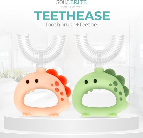 SoulBrite Teeth Ease U-Shaped Silicone Training Toothbrush, Infant Teether, 2 Piece, Dinosaur Design (Green and Yellow) in Saudi Arabia