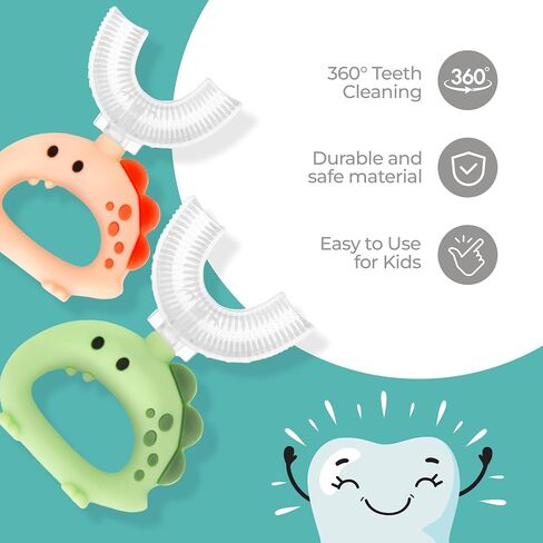 SoulBrite Teeth Ease U-Shaped Silicone Training Toothbrush, Infant Teether, 2 Piece, Dinosaur Design (Green and Yellow) in Saudi Arabia