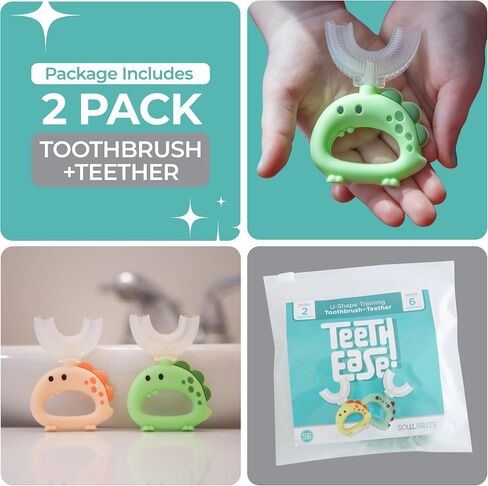 SoulBrite Teeth Ease U-Shaped Silicone Training Toothbrush, Infant Teether, 2 Piece, Dinosaur Design (Green and Yellow) in Saudi Arabia